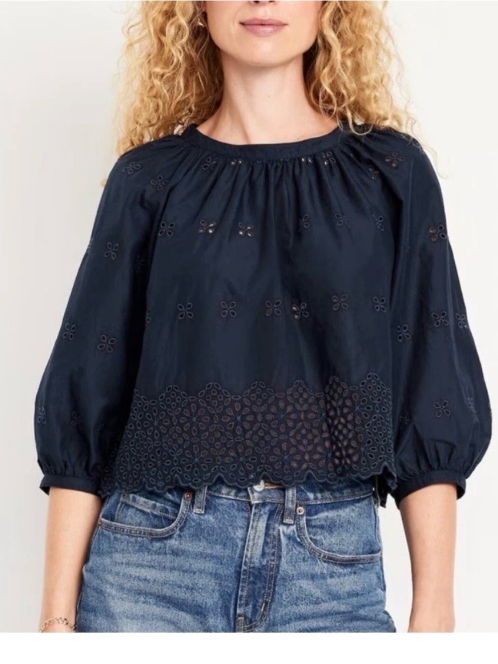 Old Navy Women's Eyelet Peasant Top - Navy Size M